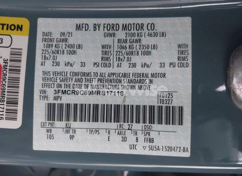 Photo 9 of 2021 Ford Bronco SPORT OUTER BANKS (VIN 3FMCR9C69MRB17116)