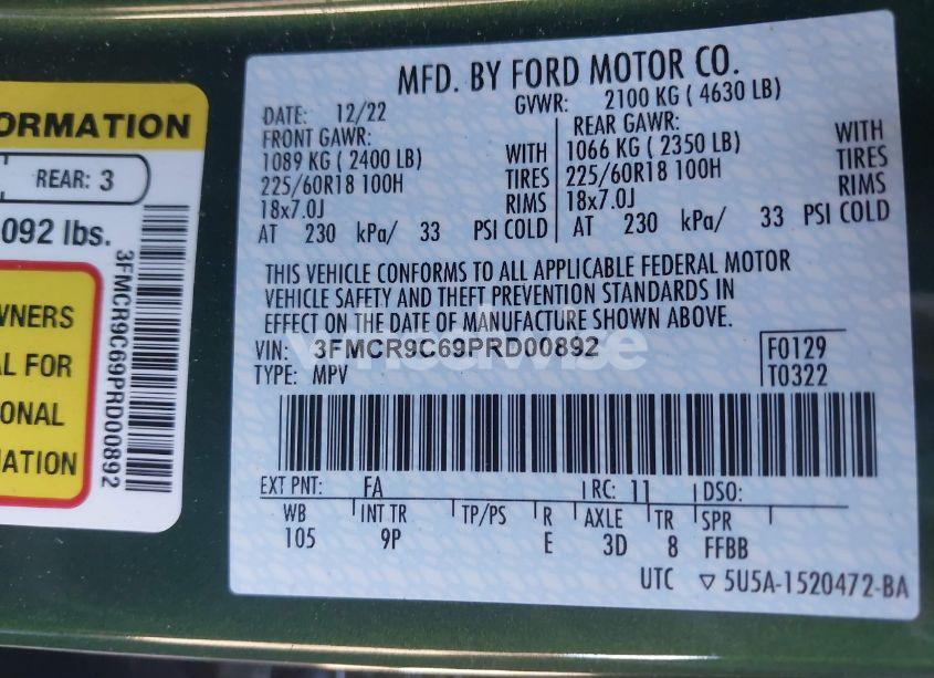 Photo 9 of 2023 Ford Bronco SPORT OUTER BANKS (VIN 3FMCR9C69PRD00892)