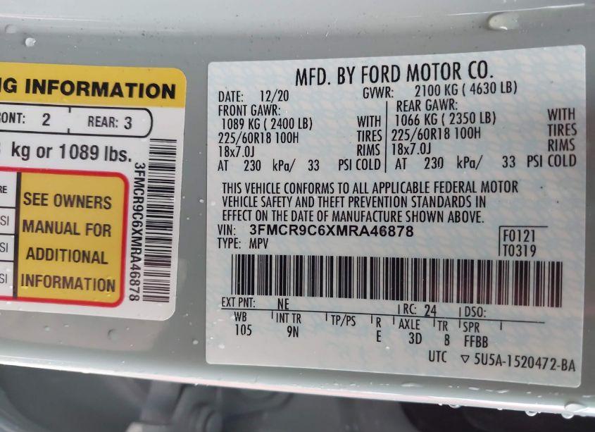 Photo 9 of 2021 Ford Bronco SPORT OUTER BANKS (VIN 3FMCR9C6XMRA46878)