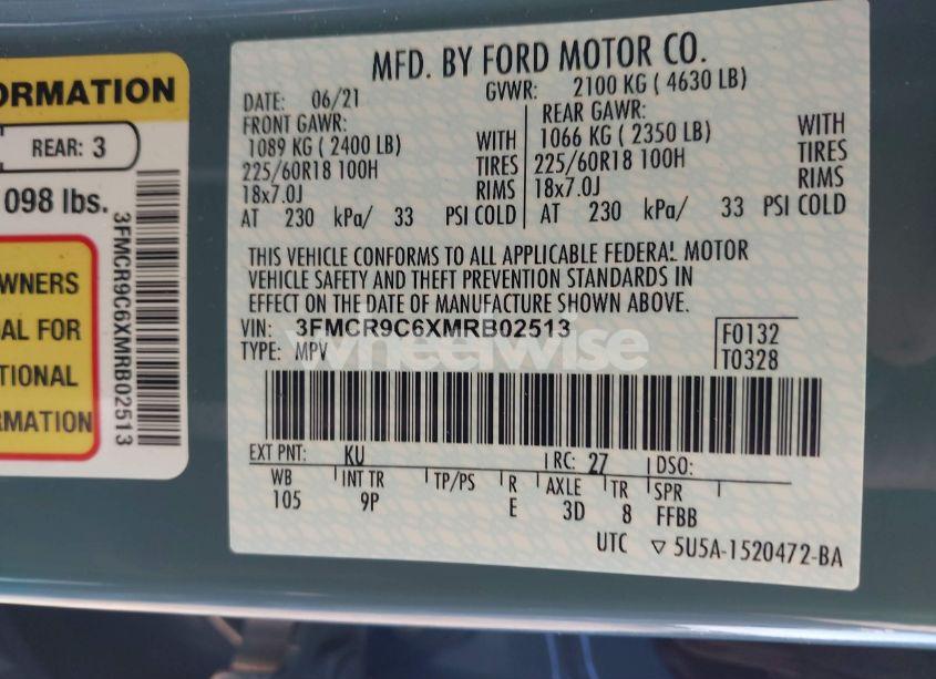 Photo 9 of 2021 Ford Bronco SPORT OUTER BANKS (VIN 3FMCR9C6XMRB02513)