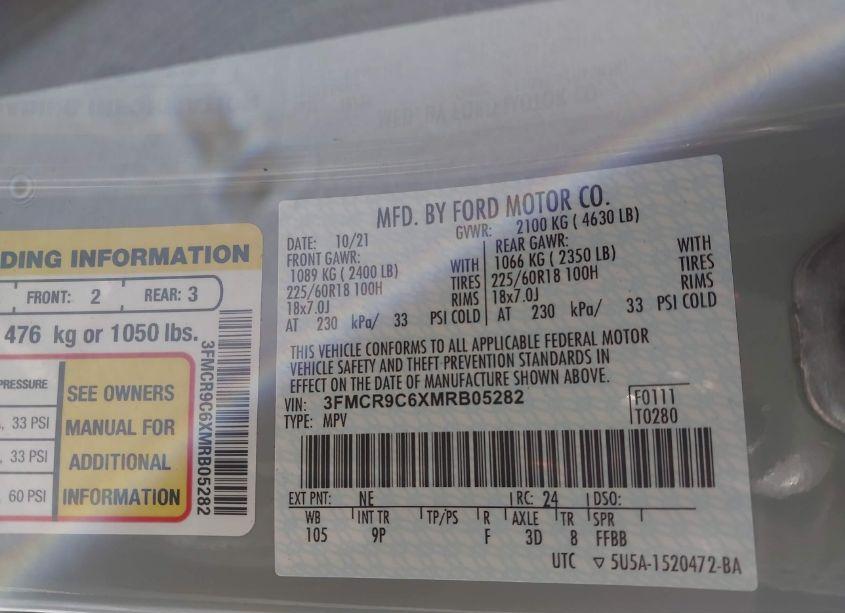 Photo 9 of 2021 Ford Bronco SPORT OUTER BANKS (VIN 3FMCR9C6XMRB05282)