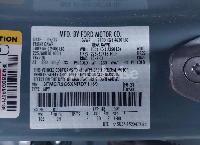 Photo 9 of 2022 Ford Bronco SPORT OUTER BANKS (VIN 3FMCR9C6XNRD71189)