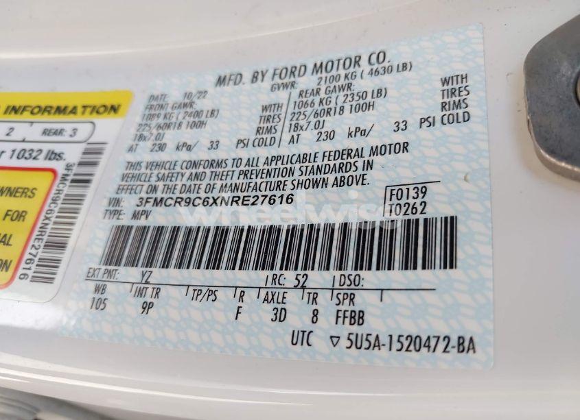 Photo 9 of 2022 Ford Bronco SPORT OUTER BANKS (VIN 3FMCR9C6XNRE27616)