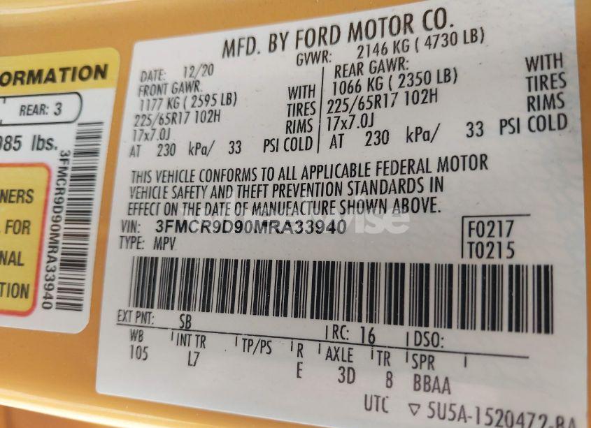 Photo 9 of 2021 Ford Bronco SPORT BADLANDS (VIN 3FMCR9D90MRA33940)