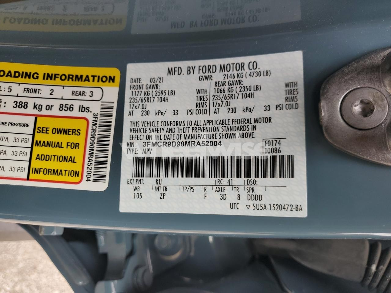 Photo 13 of 2021 FORD BRONCO SPORT BADLANDS (VIN 3FMCR9D90MRA52004)