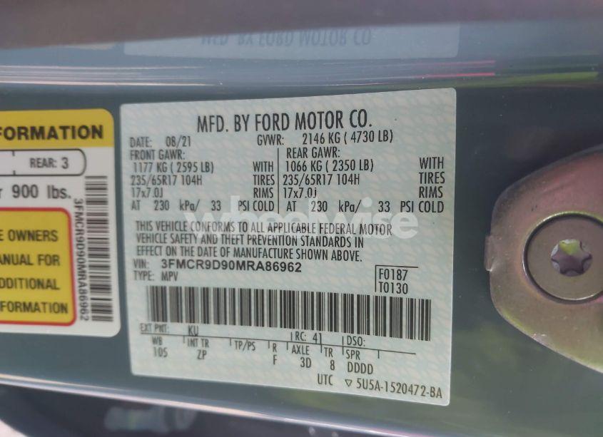 Photo 9 of 2021 Ford Bronco SPORT BADLANDS (VIN 3FMCR9D90MRA86962)