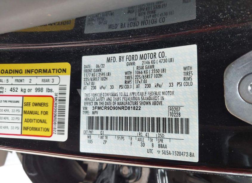 Photo 9 of 2022 Ford Bronco SPORT BADLANDS (VIN 3FMCR9D90NRD81822)