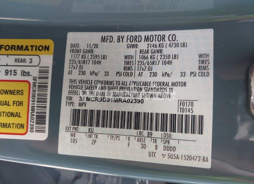 Photo 9 of 2021 Ford Bronco SPORT BADLANDS (VIN 3FMCR9D91MRA02390)