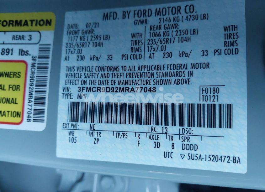 Photo 9 of 2021 Ford Bronco SPORT BADLANDS (VIN 3FMCR9D92MRA77048)