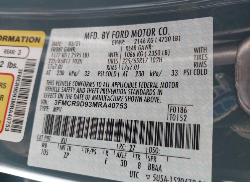 Photo 9 of 2021 Ford Bronco SPORT BADLANDS (VIN 3FMCR9D93MRA40753)