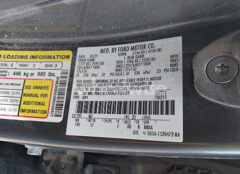 Photo 9 of 2021 Ford Bronco SPORT BADLANDS (VIN 3FMCR9D93MRA58427)