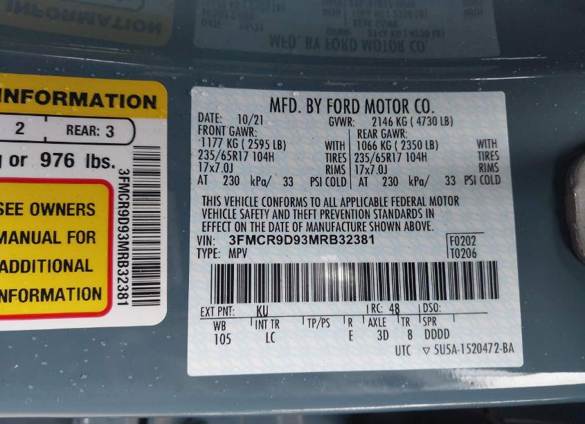 Photo 9 of 2021 Ford Bronco SPORT BADLANDS (VIN 3FMCR9D93MRB32381)