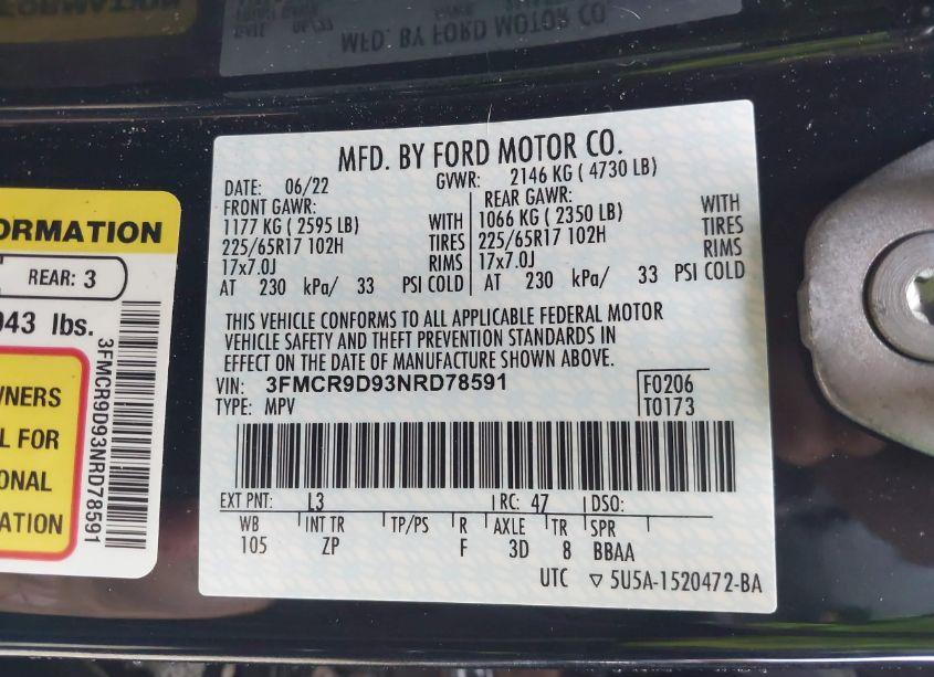 Photo 9 of 2022 Ford Bronco SPORT BADLANDS (VIN 3FMCR9D93NRD78591)