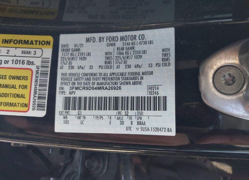 Photo 9 of 2021 Ford Bronco SPORT BADLANDS (VIN 3FMCR9D94MRA26926)