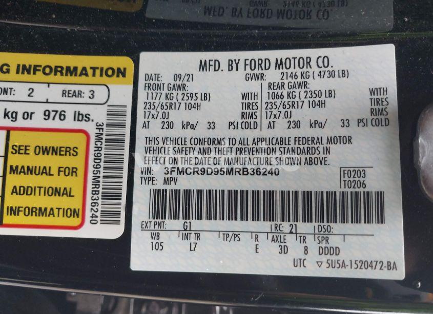 Photo 9 of 2021 Ford Bronco SPORT BADLANDS (VIN 3FMCR9D95MRB36240)