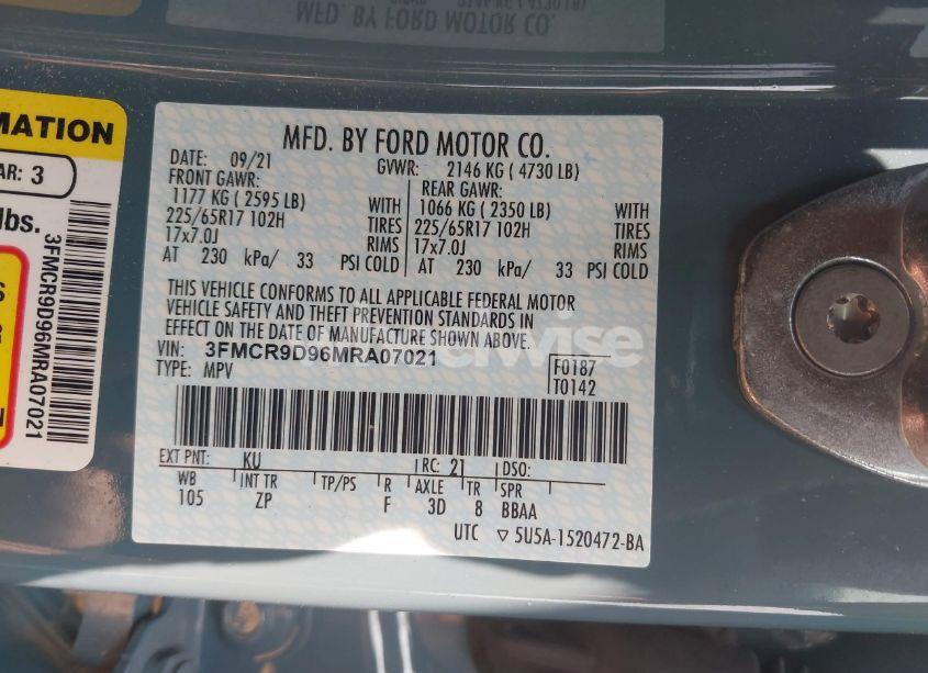 Photo 9 of 2021 Ford Bronco SPORT BADLANDS (VIN 3FMCR9D96MRA07021)