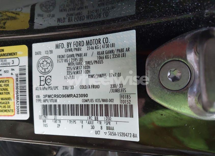 Photo 9 of 2021 Ford Bronco SPORT BADLANDS (VIN 3FMCR9D96MRA23090)