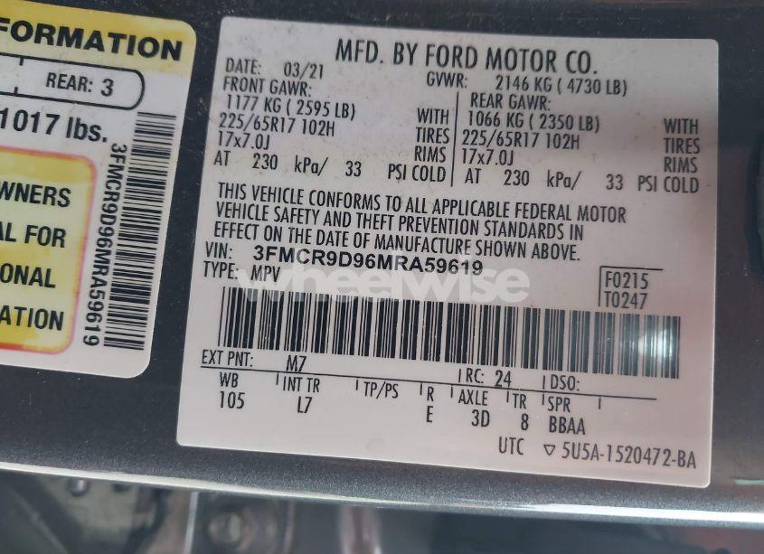 Photo 9 of 2021 Ford Bronco SPORT BADLANDS (VIN 3FMCR9D96MRA59619)