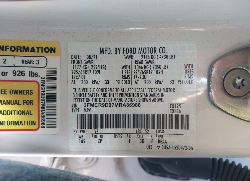 Photo 9 of 2021 Ford Bronco SPORT BADLANDS (VIN 3FMCR9D97MRA86988)