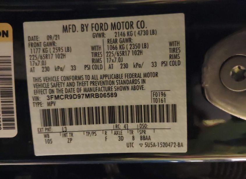 Photo 9 of 2021 Ford Bronco SPORT BADLANDS (VIN 3FMCR9D97MRB06589)