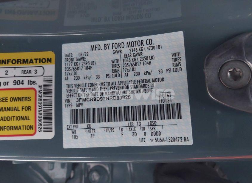 Photo 9 of 2022 Ford Bronco SPORT BADLANDS (VIN 3FMCR9D97NRD80926)