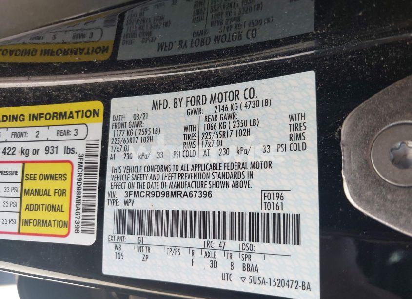 Photo 9 of 2021 Ford Bronco SPORT BADLANDS (VIN 3FMCR9D98MRA67396)