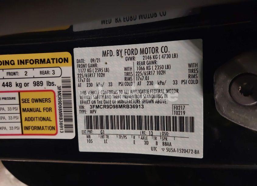 Photo 9 of 2021 Ford Bronco SPORT BADLANDS (VIN 3FMCR9D98MRB36913)