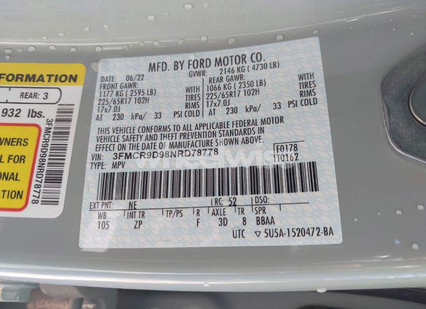 Photo 9 of 2022 Ford Bronco SPORT BADLANDS (VIN 3FMCR9D98NRD78778)