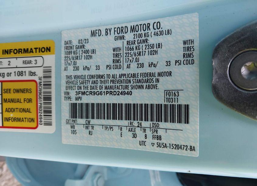 Photo 9 of 2023 Ford Bronco SPORT HERITAGE (VIN 3FMCR9G61PRD24940)