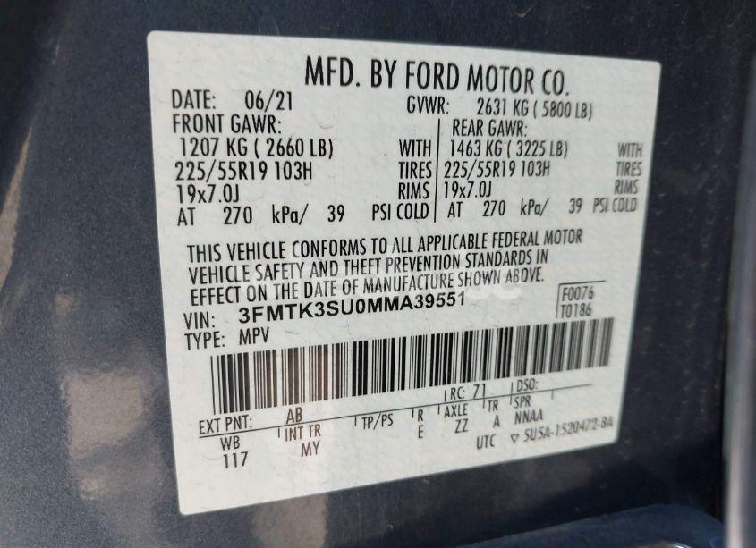 Photo 9 of 2021 Ford Mustang MACH-E PREMIUM (VIN 3FMTK3SU0MMA39551)