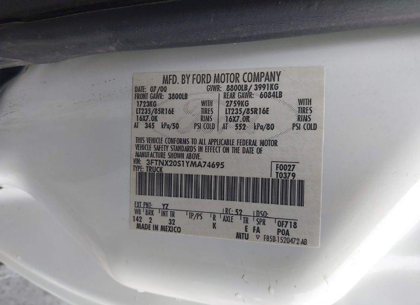 Photo 9 of 2000 Ford F-250 LARIAT/XL/XLT (VIN 3FTNX20S1YMA74695)