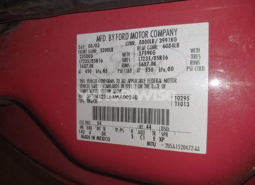 Photo 9 of 2004 Ford F-250 LARIAT/XL/XLT (VIN 3FTNX21L64MA00240)