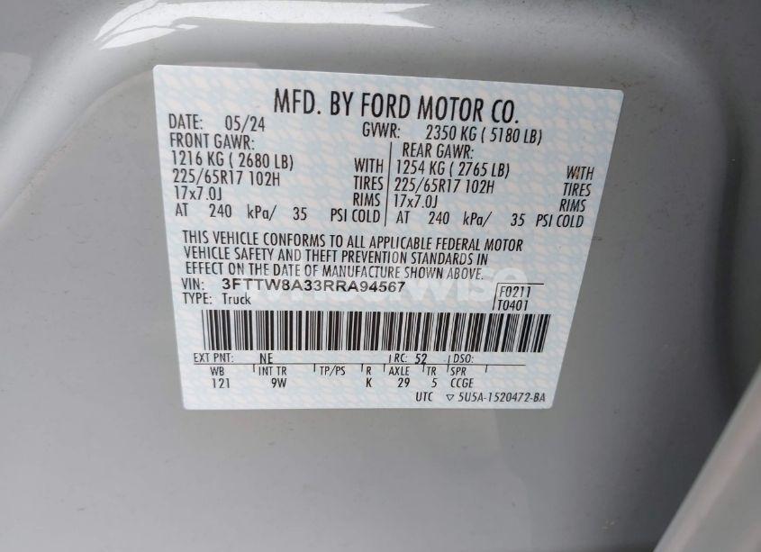 Photo 9 of 2024 Ford Maverick XL (VIN 3FTTW8A33RRA94567)