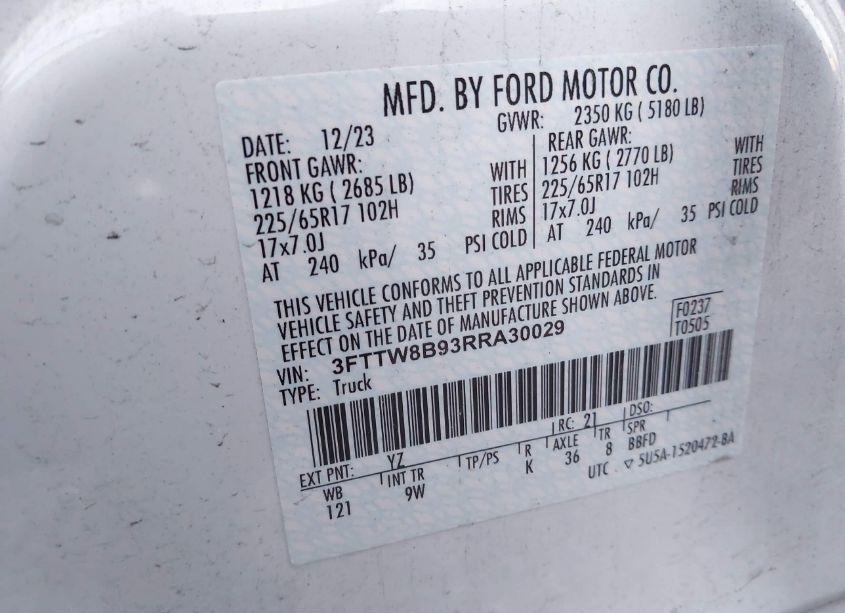 Photo 9 of 2024 Ford Maverick XL (VIN 3FTTW8B93RRA30029)