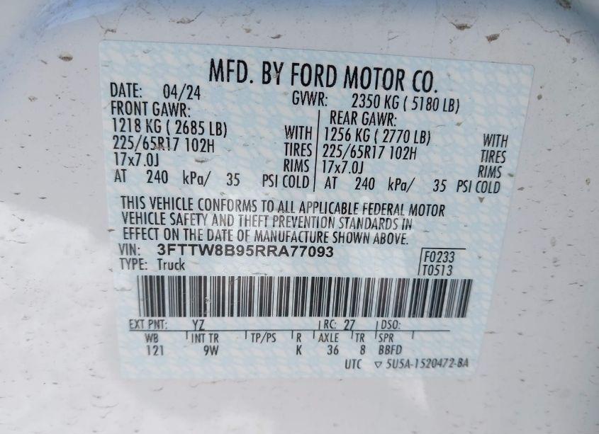 Photo 9 of 2024 Ford Maverick XL (VIN 3FTTW8B95RRA77093)