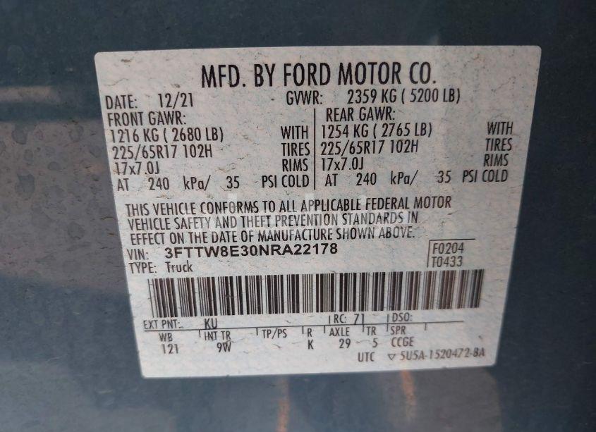 Photo 9 of 2022 Ford Maverick XL (VIN 3FTTW8E30NRA22178)