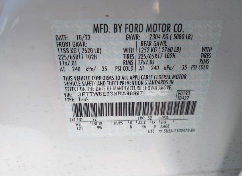 Photo 9 of 2022 Ford Maverick XL (VIN 3FTTW8E93NRA98997)