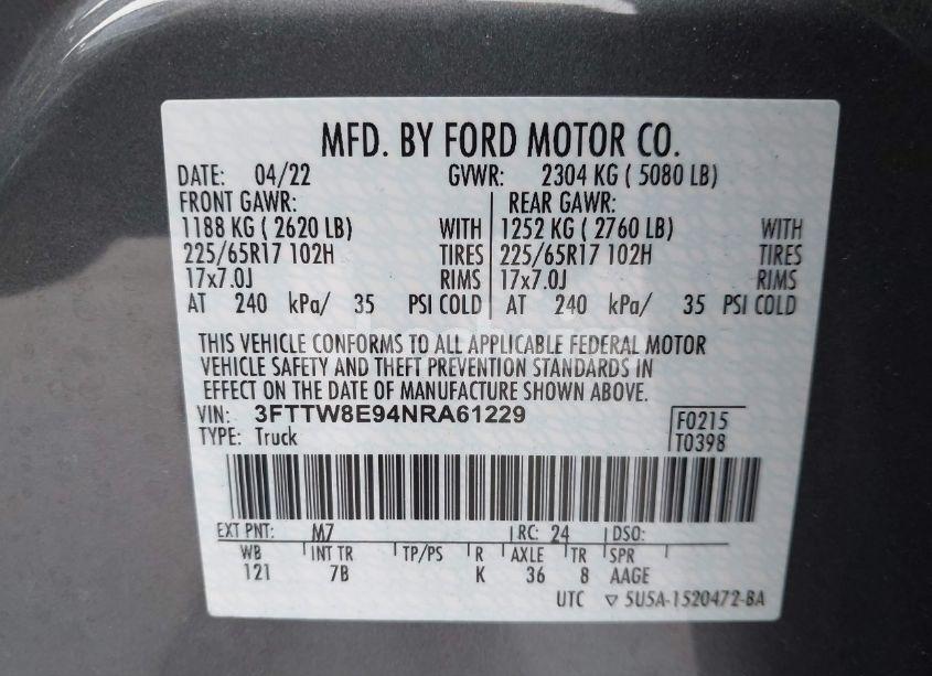 Photo 9 of 2022 Ford Maverick XLT (VIN 3FTTW8E94NRA61229)