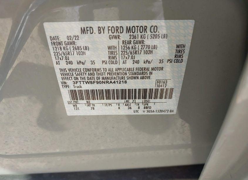 Photo 9 of 2022 Ford Maverick XLT (VIN 3FTTW8F90NRA41218)