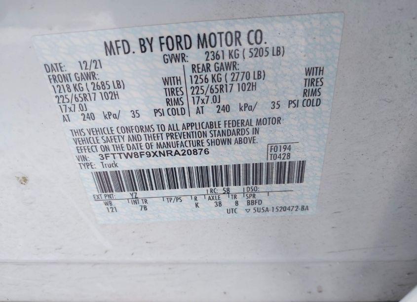 Photo 9 of 2022 Ford Maverick XLT (VIN 3FTTW8F9XNRA20876)