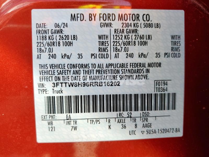 Photo 12 of 2024 FORD MAVERICK XLT (VIN 3FTTW8H96RRB16202)