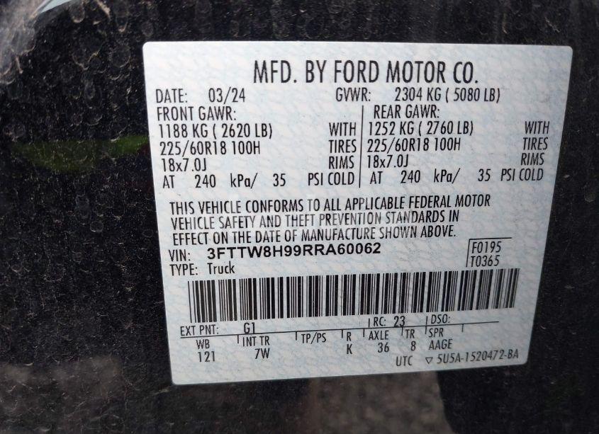 Photo 9 of 2024 Ford Maverick XLT (VIN 3FTTW8H99RRA60062)