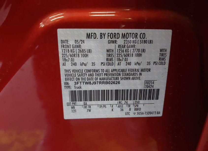 Photo 9 of 2024 Ford Maverick XLT (VIN 3FTTW8J97RRB02626)