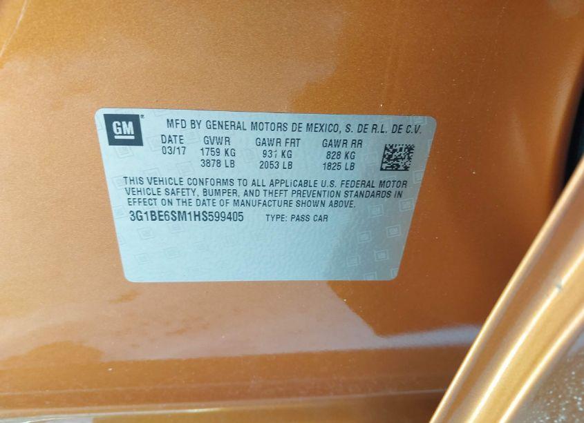 Photo 9 of 2017 Chevrolet Cruze LT AUTO (VIN 3G1BE6SM1HS599405)