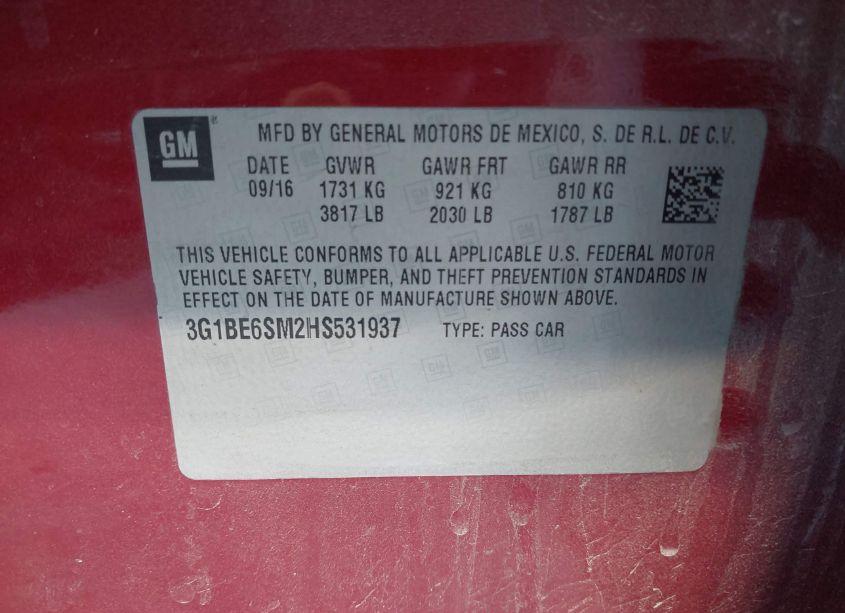 Photo 9 of 2017 Chevrolet Cruze LT AUTO (VIN 3G1BE6SM2HS531937)