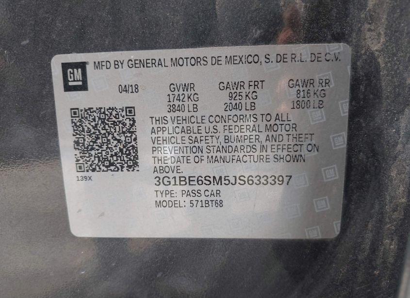 Photo 9 of 2018 Chevrolet Cruze LT AUTO (VIN 3G1BE6SM5JS633397)