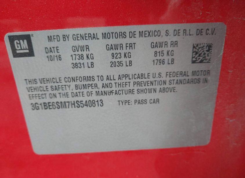 Photo 9 of 2017 Chevrolet Cruze LT AUTO (VIN 3G1BE6SM7HS540813)