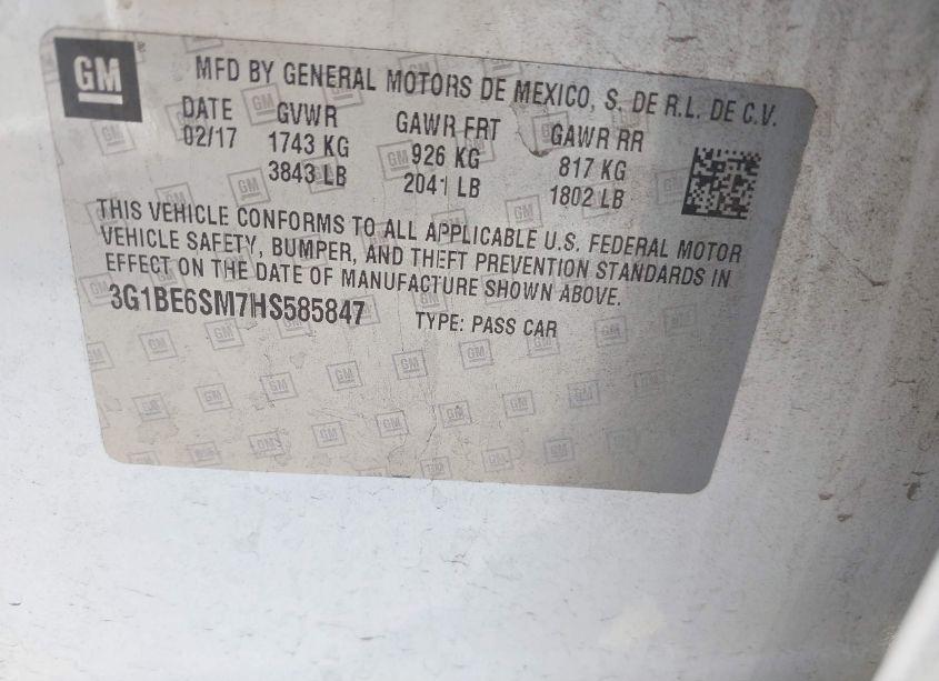 Photo 9 of 2017 Chevrolet Cruze LT AUTO (VIN 3G1BE6SM7HS585847)