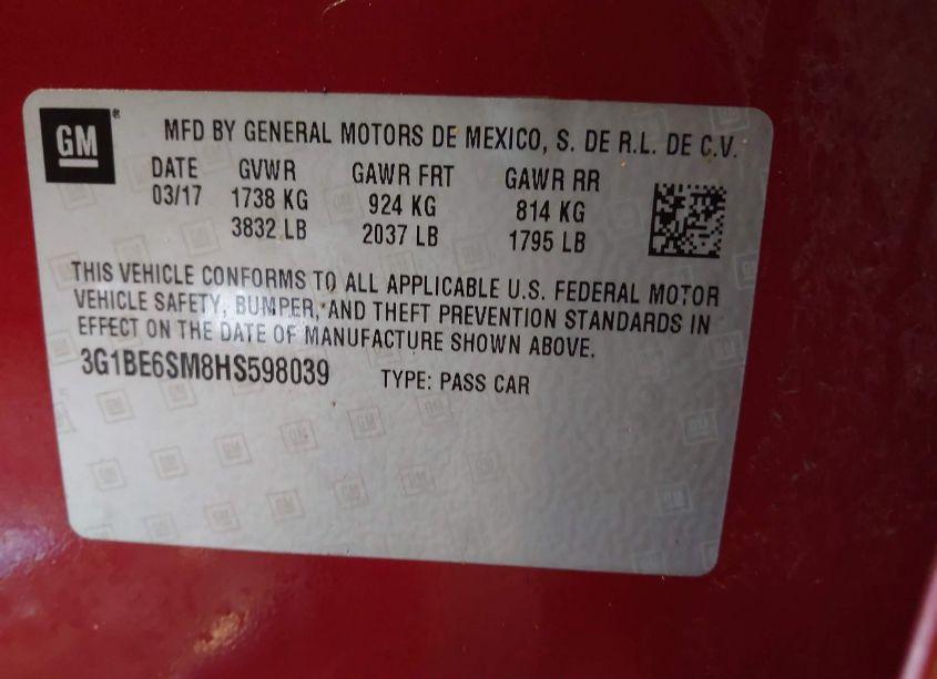 Photo 9 of 2017 Chevrolet Cruze LT AUTO (VIN 3G1BE6SM8HS598039)