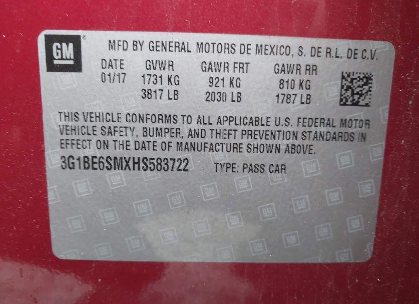 Photo 9 of 2017 Chevrolet Cruze LT AUTO (VIN 3G1BE6SMXHS583722)